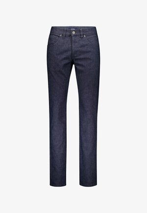 Dunkelblaue Denim-Jeans mit geradem Schnitt, fünf Taschen, Knopfverschluss und subtiler Textur. Klassisches Design, das für verschiedene Stile geeignet ist.