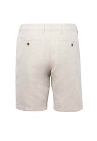 Pantaloncini beige chiaro in lino, con taglio dritto, due tasche posteriori con bottoni e una trama liscia.