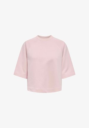 Light pink cropped sweatshirt with short raglan sleeves and a crew neck, displayed against a white background.