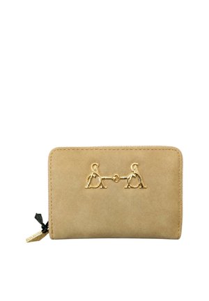 Portafoglio in camoscio beige con fermaglio decorativo dorato sul davanti e una zip con piccolo targhetta dorata e tirante in tessuto nero.
