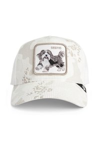 White corduroy cap featuring a textured patch with an embroidered dog and the word "BESTIE." It has a subtle pattern and a curved brim.