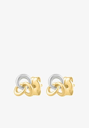 Orecchini a perno in oro e argento con anelli circolari intrecciati. Finitura lucida con una texture liscia. Design compatto adatto all'uso quotidiano.