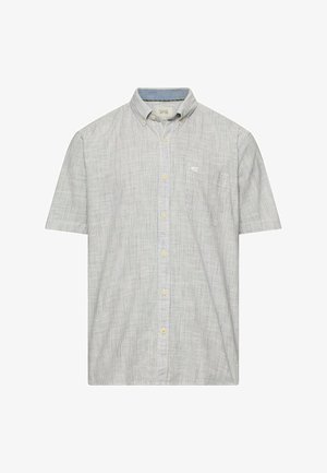 Jasnoszara koszula na krótki rękaw z subtelnymi pionowymi paskami, kołnierzykiem zapinanym na guziki oraz kieszenią na piersi po lewej stronie.