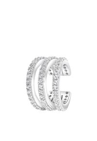 Bague en argent avec trois bandes superposées, ornée de multiples petites pierres claires le long des bords pour ajouter brillance et texture.