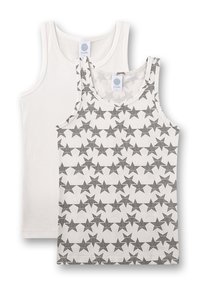 Two tank tops: one solid white and one featuring a gray star pattern on a white background. Made from soft fabric with round necklines.
