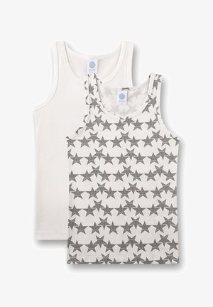 Zwei Tanktops: eines in reinem Weiß und eines mit einem grauen Sternmuster auf weißem Hintergrund. Hergestellt aus weichem Stoff mit rundem Ausschnitt.