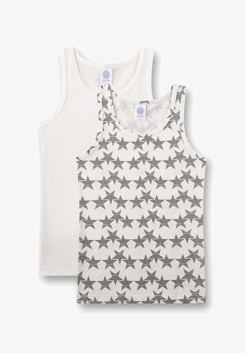 Two tank tops: one solid white and one featuring a gray star pattern on a white background. Made from soft fabric with round necklines.