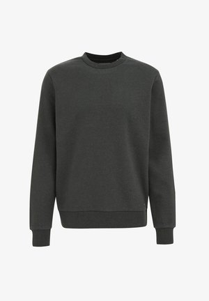 Sötét szürke pulóver kerek nyakkivágással, hosszú ujjakkal és bordás mandzsettával. Puha, texturált anyagból készült. Egyszerű és díszítésektől mentes kialakítás.