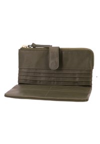 Portafoglio in pelle verde oliva con chiusura a zip, un sistema di chiusura a linguetta, molteplici scomparti per carte e dettagli cuciti sul pannello anteriore.