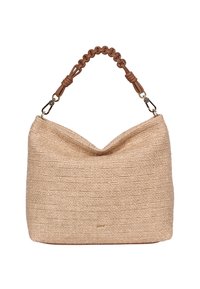 Sac fourre-tout tissé beige avec une surface douce et texturée, équipé d'une poignée tressée marron et d'accents métalliques. Dans l'ensemble, un design décontracté et souple.