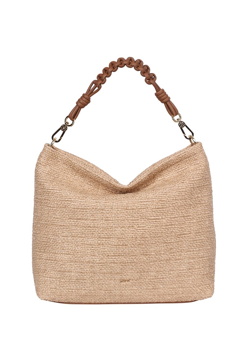 Sac fourre-tout tissé beige avec une surface douce et texturée, équipé d'une poignée tressée marron et d'accents métalliques. Dans l'ensemble, un design décontracté et souple.