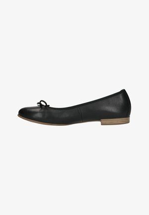 Black leather ballet flats with a rounded toe, thin bow detail at the front, and a small wooden heel. Smooth texture and low profile design.