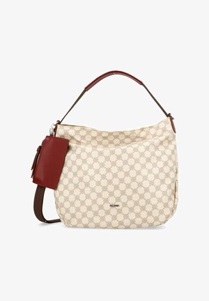 Beige patterned tote bag with a maroon accent pocket, brown shoulder strap, and smooth texture. Features a curved top and silver hardware.