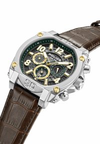 Silver stainless steel watch with a green dial, gold accents, and brown leather strap. Features multiple subdials and large Arabic numerals.