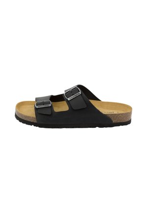 Sandalo nero open-toe tipo slide con due cinturini regolabili con fibbia e una soletta sagomata in sughero con suola in gomma nera.