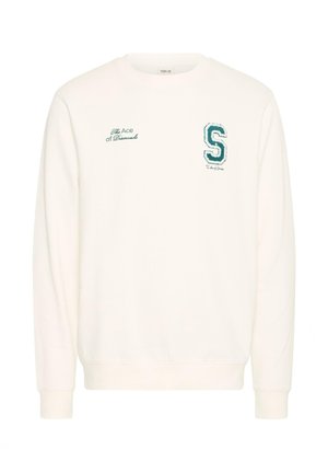 Witte sweatshirt met ronde hals, ribgebreide manchetten en onderrand. Voorzien van teal borduursel: "The Ace of Diamonds" en een gestileerde "S." Zachte textuur.