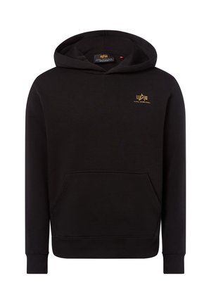 Felpa nera con cappuccio realizzata in morbido misto cotone. Presenta una tasca a marsupio frontale, polsini a costine e un piccolo logo dorato sul petto.