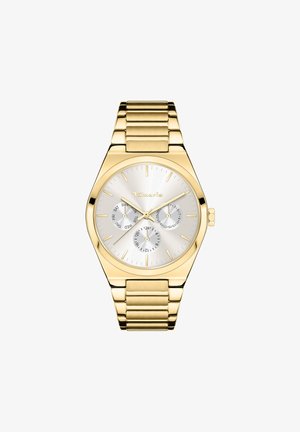 Goldfarbene Metall-Uhr mit einem silbernen Zifferblatt, das drei Unterzifferblätter und Stichmarkierungen aufweist. Das Armband besteht aus verbundenen Metallelementen.