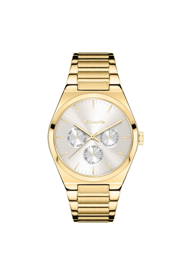 Gouden metalen horloge met een zilveren wijzerplaat, met drie subdials en staafmarkeringen. De band bestaat uit verbonden metalen segmenten.
