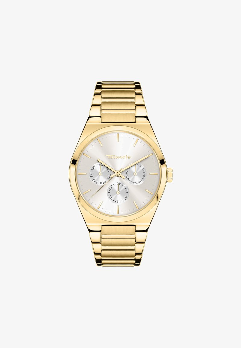 Goldfarbene Metall-Uhr mit einem silbernen Zifferblatt, das drei Unterzifferblätter und Stichmarkierungen aufweist. Das Armband besteht aus verbundenen Metallelementen.