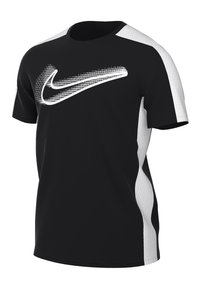 Černé sportovní tričko s bílým logem Nike, se síťovinovými bílými bočními panely a zaobleným výstřihem. Hladká textura, krátké rukávy.