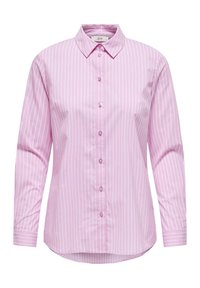 Camicetta rosa a maniche lunghe con righe verticali bianche, colletto classico, chiusura frontale a bottoni e orlo arrotondato. Tessuto morbido con leggera lucentezza.