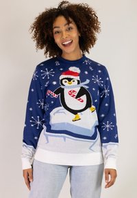 Blau gestrickter Pullover mit einem Pinguin-Graphic auf einem Eisfeld, mit einem roten Hut, Schneeflocken und weißen gerippten Bündchen und Saum.