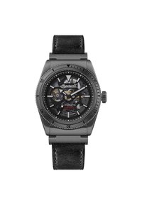 Automatische Armbanduhr mit schwarzem Lederarmband. Sechseckiges Metallgehäuse in mattem Grau, transparentes Ziffernblatt, das komplexe Zahnräder und Markierungen zeigt.