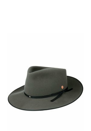 Gray wide-brimmed felt fedora hat with black ribbon band and small round metal emblem on the side, isolated on white background.