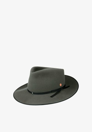 Gray wide-brimmed felt fedora hat with black ribbon band and small round metal emblem on the side, isolated on white background.
