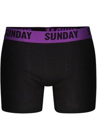 Černé boxerky s fialovým elastickým pasem, na kterém je vytištěno slovo "NEDĚLE" černým písmem. Hladká tkanina a přiléhavý střih.