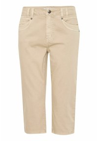 Pantaloni cropped beige realizzati in morbido tessuto misto cotone. Presentano cinque tasche, passanti per cintura e dettagli di cucitura sottili. Taglio dritto.