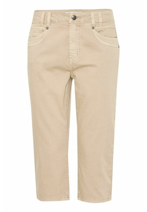 Bež hlače do kolen, narejene iz mehkega bombažnega blaga. Imajo pet žepov, zanke za pas in subtilne šive. Ravnani kroj.