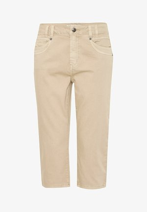 Pantaloni cropped beige realizzati in morbido tessuto misto cotone. Presentano cinque tasche, passanti per cintura e dettagli di cucitura sottili. Taglio dritto.