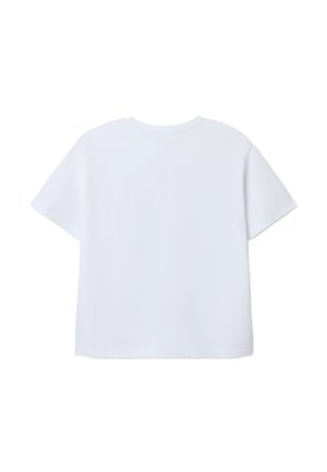 Kurzärmliges T-Shirt mit Rundhalsausschnitt aus weißer Baumwolle, mit geradem Schnitt und glatter Textur, ohne sichtbare Logos oder Verzierungen.