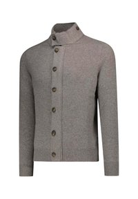 Cardigan grigio a maglia con colletto alto, chiusura con bottoni e polsini a coste. Presenta bottoni marrone scuro e un tessuto strutturato.