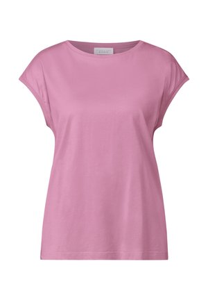 T-shirt rose à manches courtes en coton doux, avec un col rond et une coupe décontractée, comportant des détails de couture subtils.
