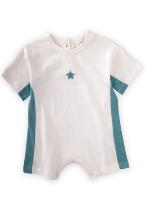 Body à manches courtes en coton blanc avec des panneaux latéraux teal, présentant une petite étoile teal en appliqué sur le devant et des fermetures à pression au bas.