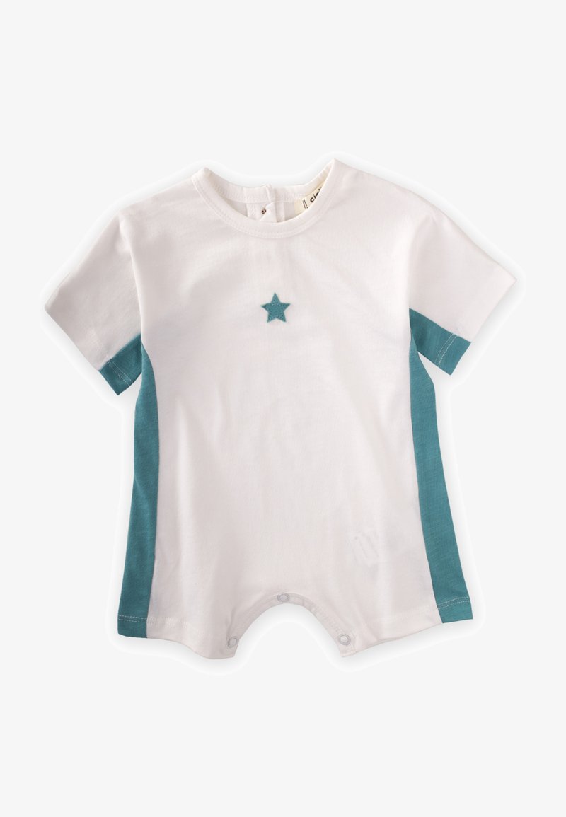 Body corto de algodón blanco con paneles laterales en azul petróleo, que presenta una pequeña aplicación de estrella en azul petróleo en la parte delantera y cierres a presión en la parte inferior.