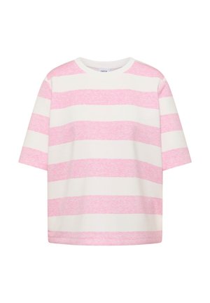 Maglietta a maniche corte con scollo rotondo a righe orizzontali larghe rosa e bianche, mostrata distesa su uno sfondo bianco.