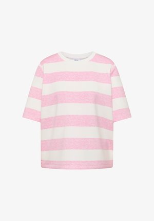 Short-sleeve crew neck shirt with wide horizontal pink and white stripes, displayed flat on a white background.