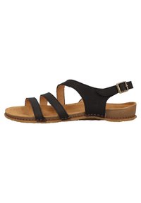 Black leather sandal with three straps, adjustable buckle, and a cushioned cork footbed. Flat rubber sole with stitching detail along the edge.