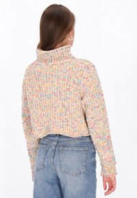 Multicolore gebreide trui met een hoge kraag, voorzien van een textuurpatroon, cropped lengte en ribgebreide manchetten. Gecombineerd met high-waisted jeans.