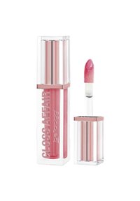Tubo di lucidalabbra rosa con applicatore a wand che mostra un prodotto lucido e leggermente scintillante sulla punta in spugna.