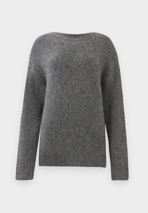 Gray, long-sleeve sweater made of soft material. Features a round neckline and slightly textured surface, with a solid color throughout.