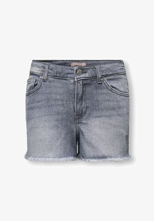 Grå denimshorts med frynsete kanter, frontknapp og glidelåslukking, beltehemper og frontlommer.