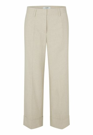 Beežid kohandatud püksid vööaasadega, eesmine pressitud joon, pööratud püksisäärtega ja peidetud esikinnitusega.