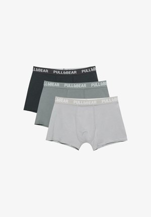 Három pár férfi boxeralsó sötétszürke, világosszürke és zöldeskék színekben, elasztikus derékpánttal, amelyeken "PULL&BEAR" felirat látható kontrasztos színekben.