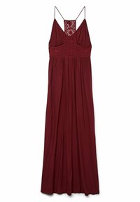 Abito maxi bordeaux realizzato in tessuto morbido con corpetto in pizzo aderente, spalline sottili regolabili e una silhouette fluida e plissettata.