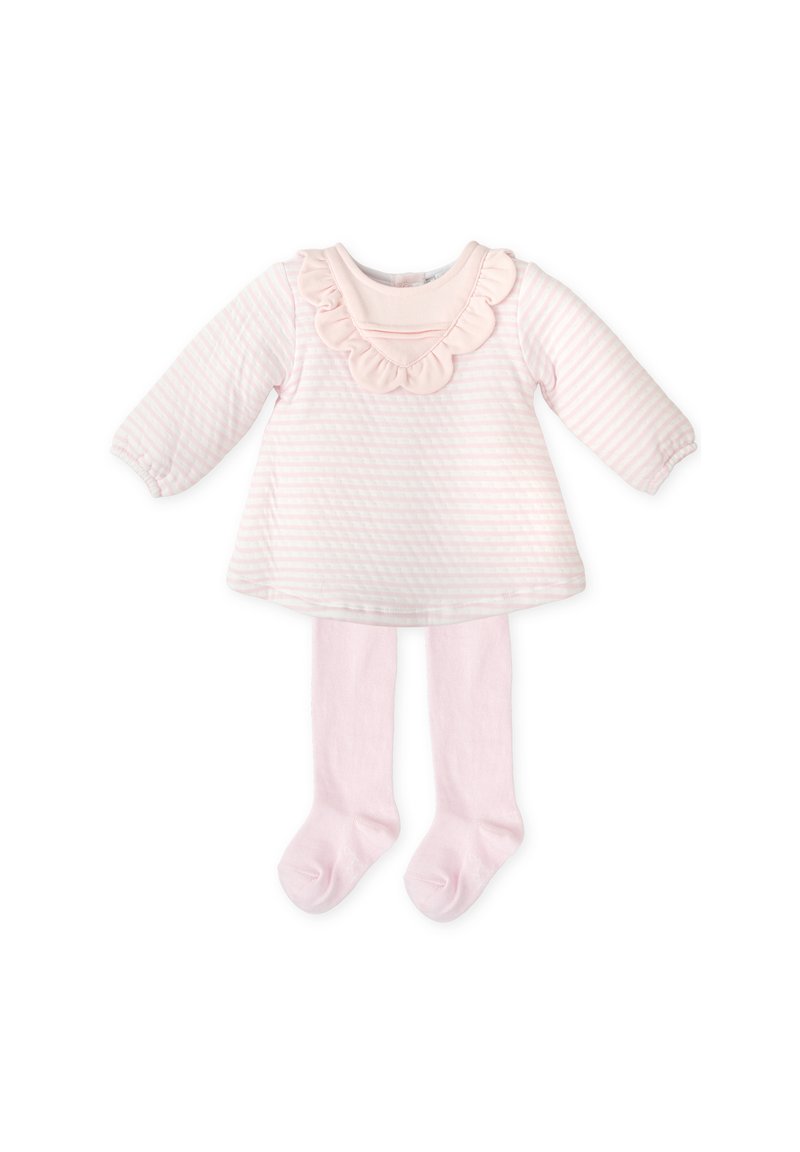 El conjunto de vestido para bebé incluye una blusa de rayas rosas y blancas de mangas largas con un cuello con volantes, combinada con unas mallas rosas sólidas.